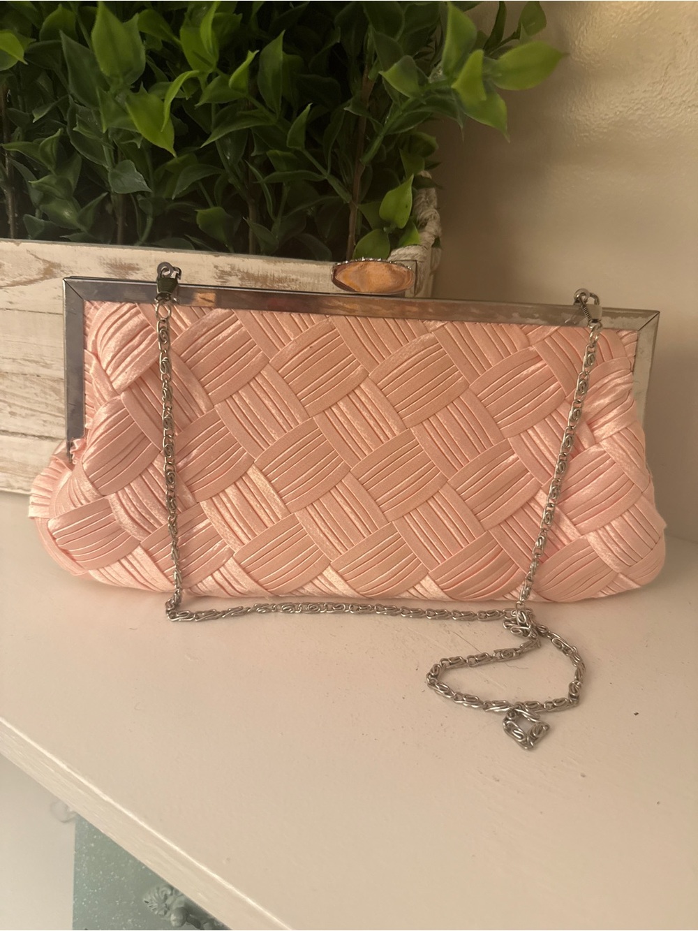 Lulu Townsend Blush Pink Satin Woven Rhinestone Evening Clutch Bag
